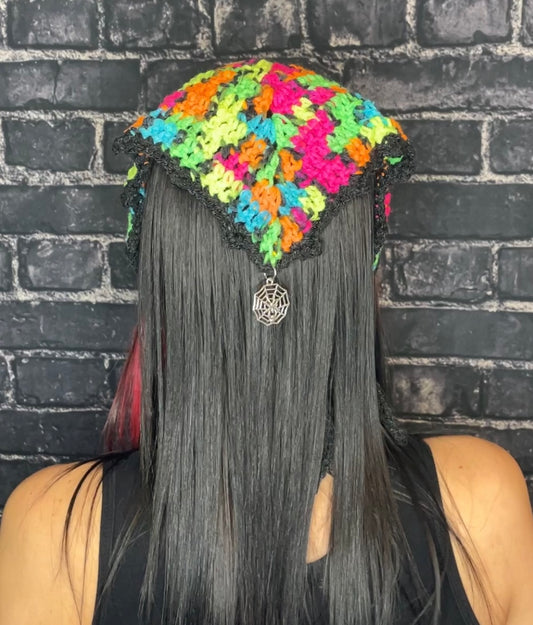 Neon Webs Crochet Head Scarf with Spider Web Charm